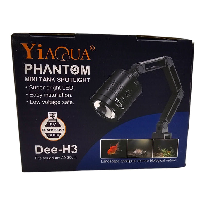 YiAqua Phantom Mini Tank Spotlight Dee-H3 packaging with bright LED, USB power supply, and installation details for aquariums 20-30cm.