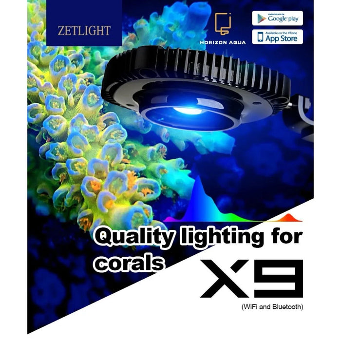 Zetlight X9 Marine LED light promoting quality illumination for corals, featuring WiFi and Bluetooth connectivity.