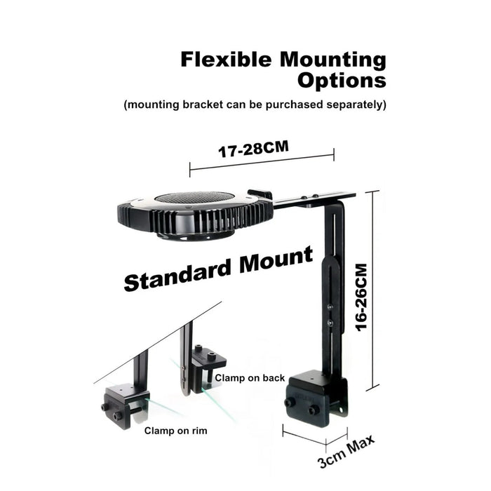 Flexible mounting options diagram for Zetlight X9 LED light, showcasing standard mount adjustments and clamp positions.