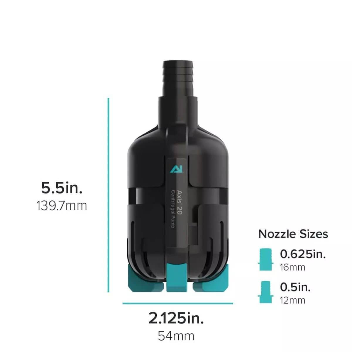 AI Axis Centrifugal Pump dimensions, featuring 5.5in height and 2.125in width with nozzle size options for optimal performance.