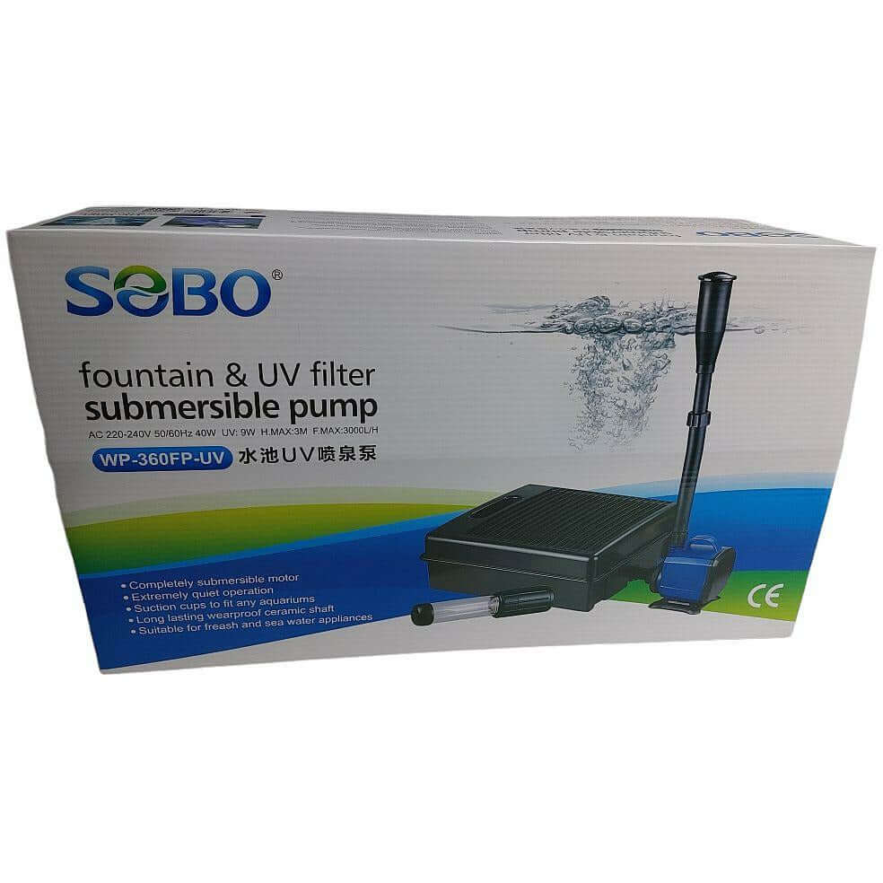 SOBO WP-360FPUV submersible pump box featuring UV filter and fountain kit for ponds and aquariums.
