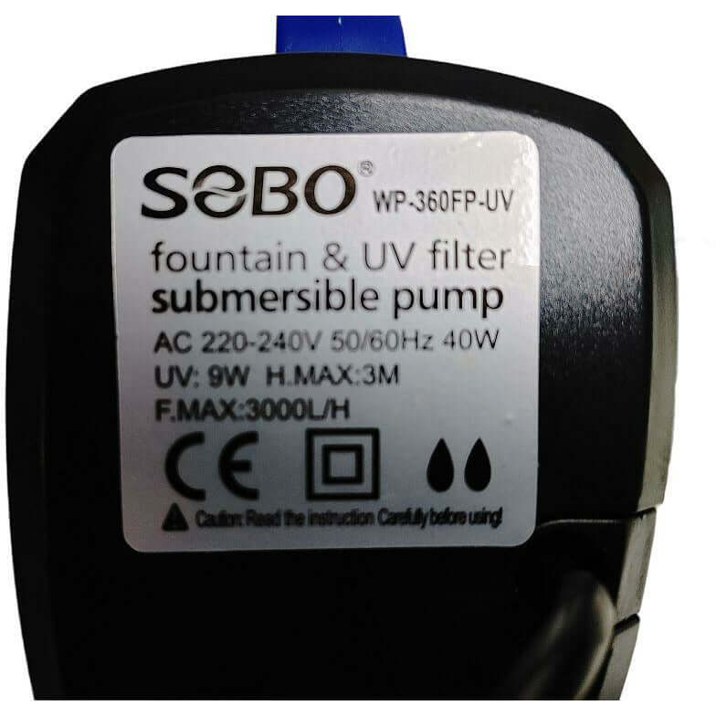 SOBO WP-360FPUV submersible pump details, including power specifications and features for pond filtration and fountains.