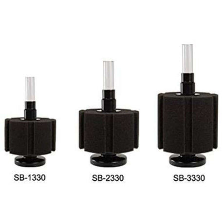 SOBO Sponge Filters models SB-1330, SB-2330, and SB-3330 showcasing efficient water filtration for fish tanks.