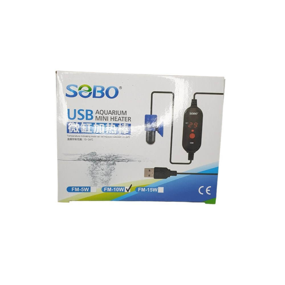 SOBO USB Mini Aquarium Heater packaging for Betta fish, including FM-5W, FM-10W, and FM-15W models.