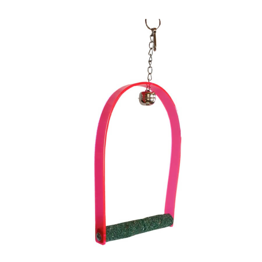 Bright pink acrylic cockatiel swing featuring a sand perch and bell for stimulating play and comfort.