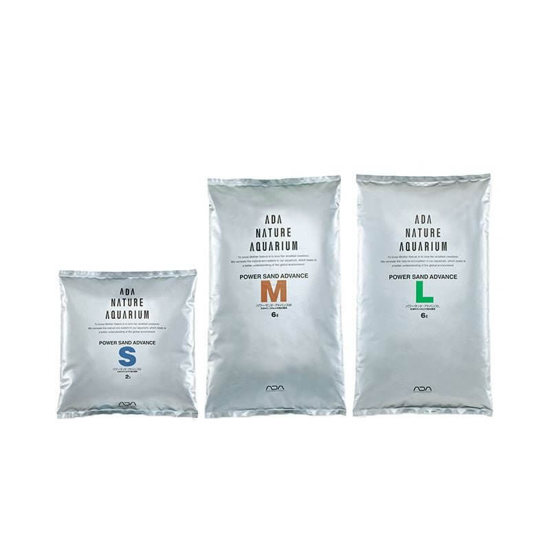 ADA Power Sand Advance in three sizes: Small, Medium, and Large packages for optimal aquarium plant growth.