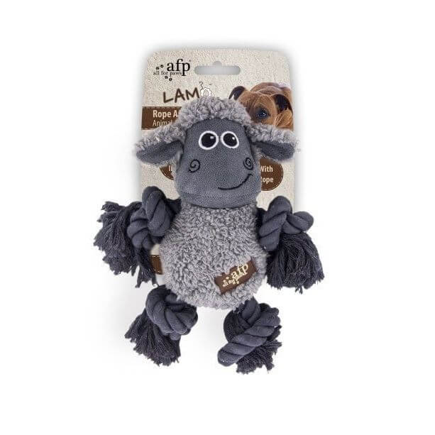 AFP Cuddle Body Rope toy featuring a plush lamb design with rope limbs, ideal for dog play and interaction. Size: 17 x 17 x 10cm.