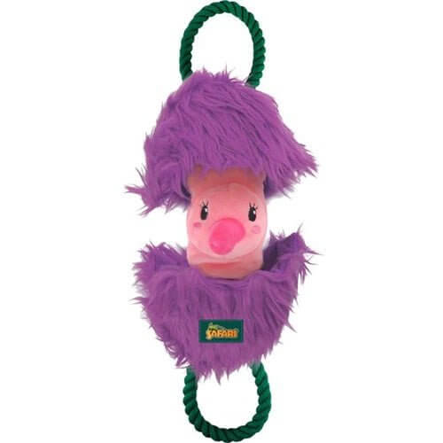 AFP Leave Me Alone Flamingo dog toy with purple fur and rope handles, designed for tugging and squeaking fun.