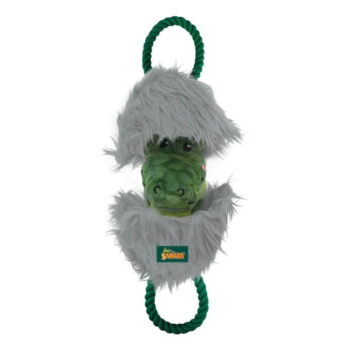 AFP Leave Me Alone Gator dog toy with fluffy body and rope handles, 42 x 14 x 11.5cm, squeaks for added fun.