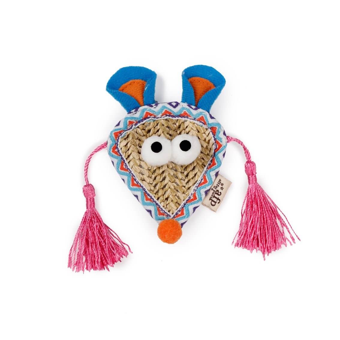 AFP Mouse Face toy with colorful tassels, faux raffia, and catnip, designed for playful cats. Size: 10.5 x 22 x 2cm.