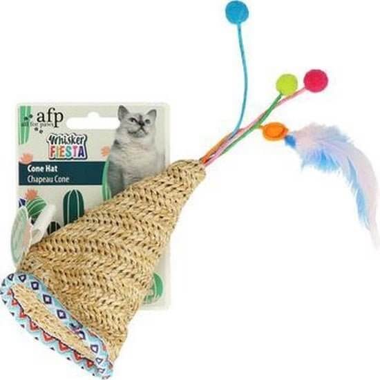 AFP Cone Hat for cats with colorful feathers and pom-poms, designed to entertain and stimulate their hunting instincts.