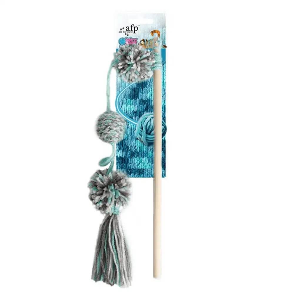 AFP Yarn Pom Pom Wand cat toy featuring multi-colored yarn pom poms and a wooden wand for interactive play.