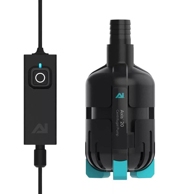 AI Axis 2.0 centrifugal pump with control switch, designed for all-in-one aquariums, featuring sleek black and turquoise design.