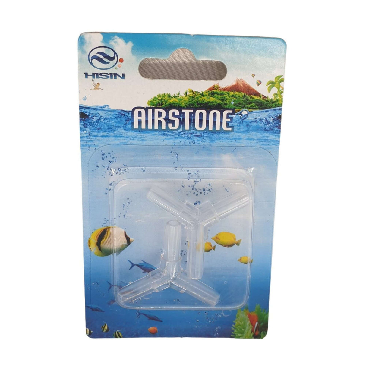 Airline tubing Y-piece accessory in packaging for aquarium aeration systems. Ideal for splitting airline directions.