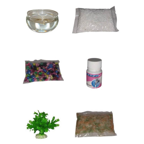 Akwaria Fishbowl Starter Kit components including glass bowl, substrate, decor, plant, and water conditioner.