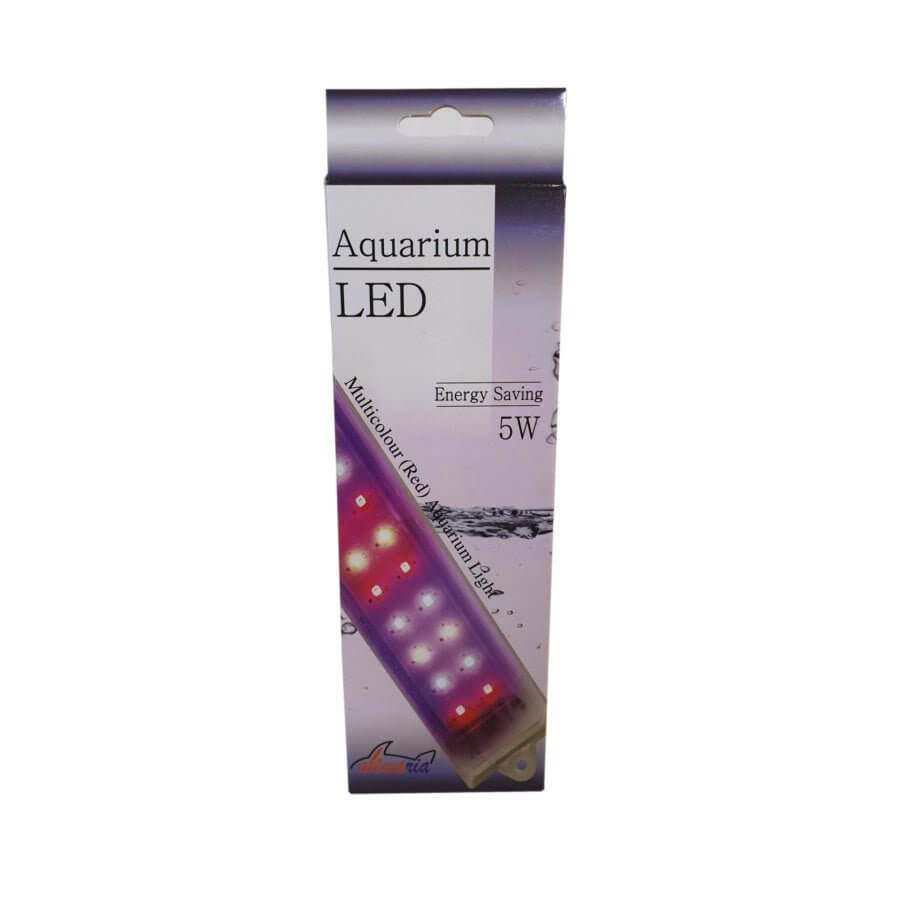 Akwaria LED Aquarium Light 5w packaging design highlighting energy-saving features for freshwater and marine aquariums.