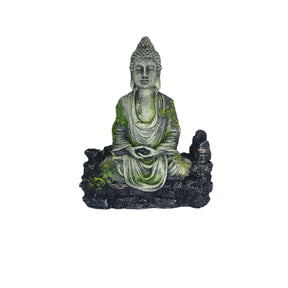 Ancient meditating Buddha statue aquarium ornament designed to add tranquility and charm to aquariums.