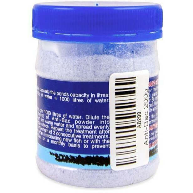 Anti-Bac General Pond Treatment 200g container for fish health, effective against slime disease and bacterial infections.