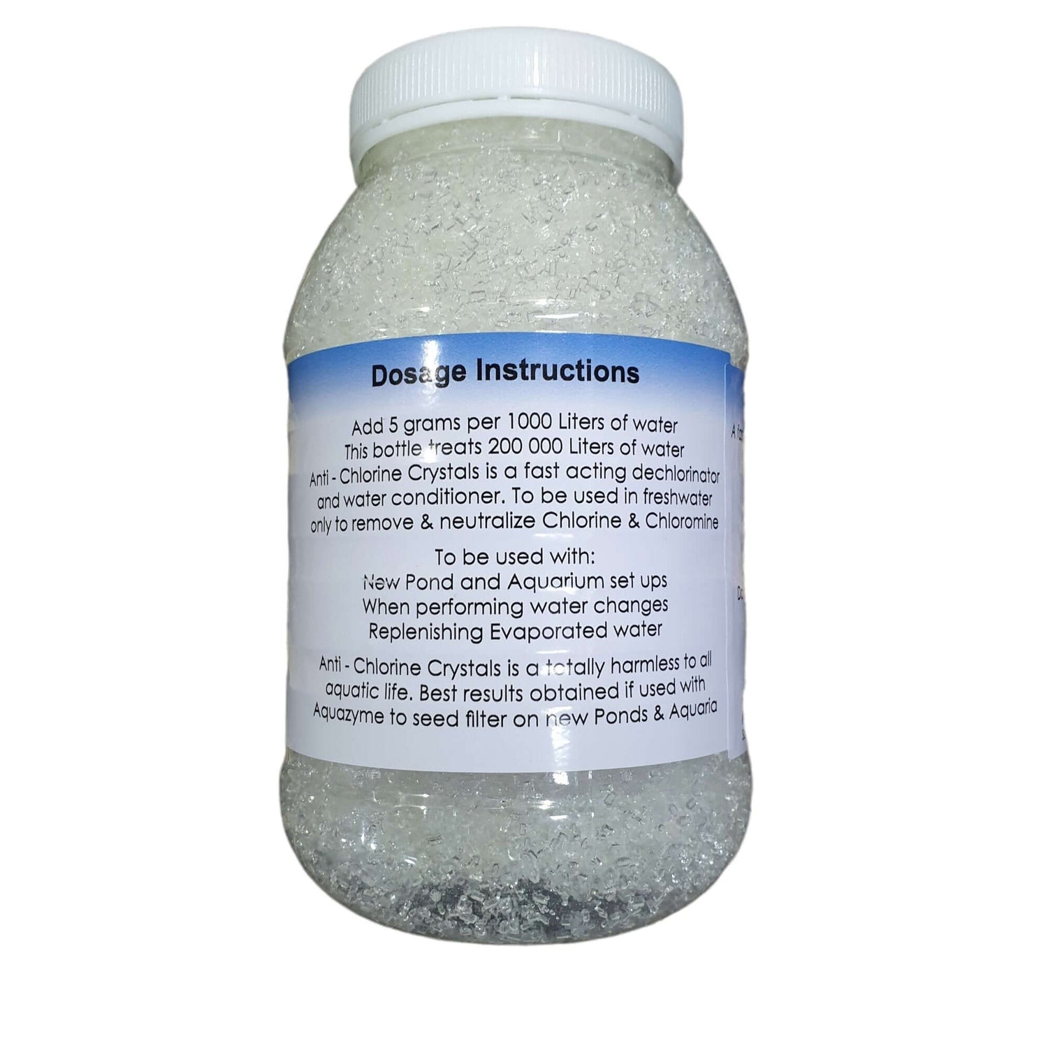 Anti Chlorine Crystals 200g de-chlorinator bottle with dosage instructions for pond and aquarium water treatment.