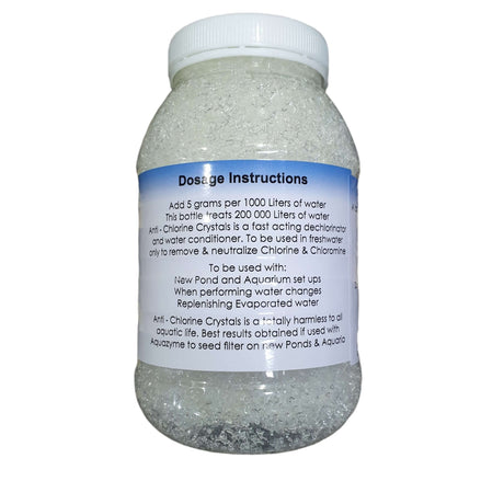 Anti Chlorine Crystals 200g de-chlorinator bottle with dosage instructions for pond and aquarium water treatment.