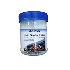 Anti Chlorine Crystals in a blue-lidded jar, de-chlorinates and conditions aquarium water, safe for aquatic life.