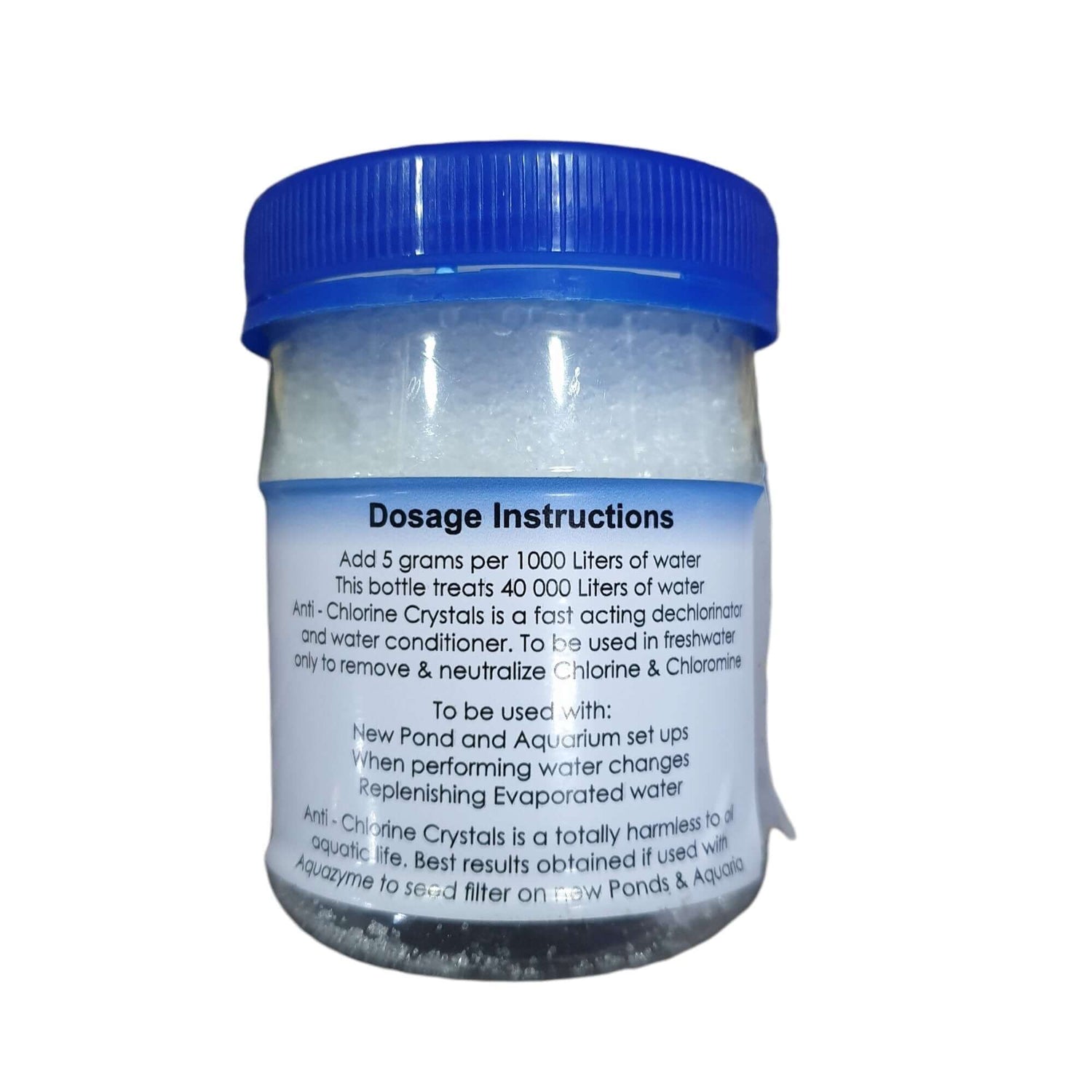 Anti Chlorine Crystals bottle with dosage instructions for treating water in ponds and aquariums.