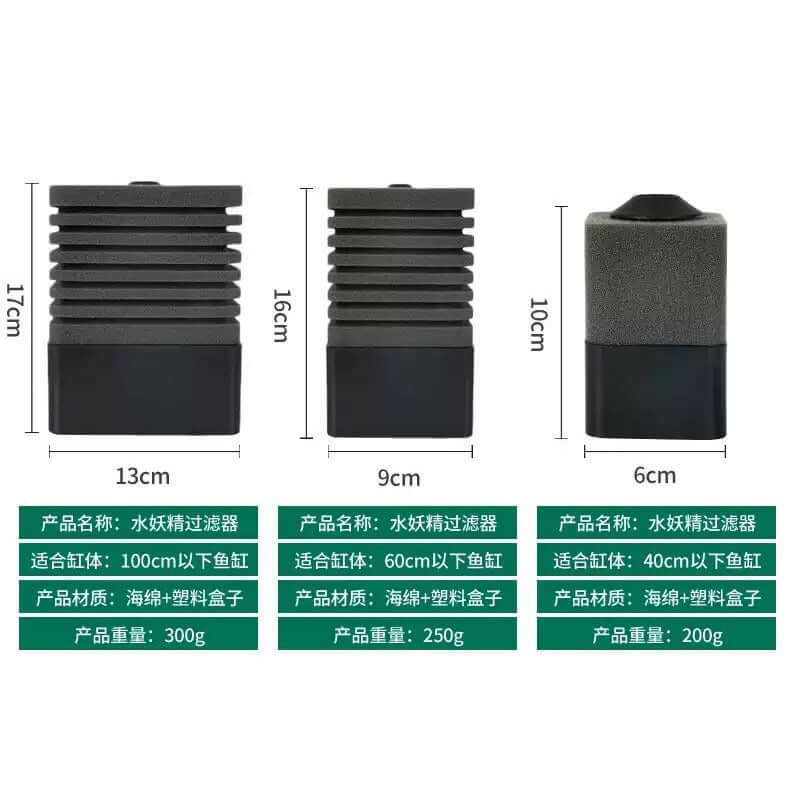 Antopie Sponge and Biological Filters dimensions and specifications for optimal aquarium filtration and oxygenation.