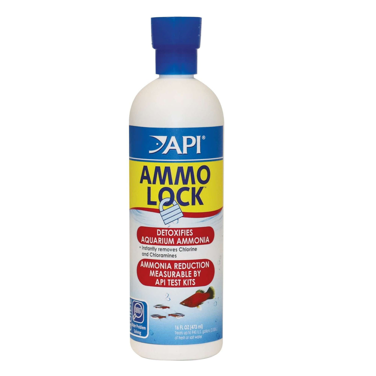 API Ammo Lock ammonia detoxifier bottle for aquariums, detoxifies ammonia and removes chlorine and chloramines.