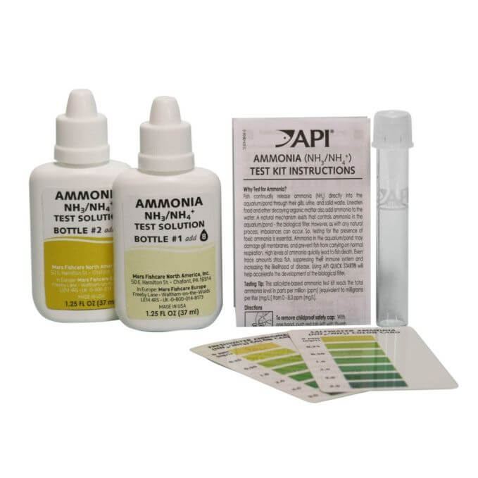 API Ammonia Test Kit components including test solutions, instructions, and color chart for fresh and saltwater aquariums.
