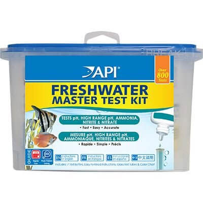 API Freshwater Master Test Kit packaging with clear label, measuring pH, ammonia, nitrite, and nitrate for aquariums.