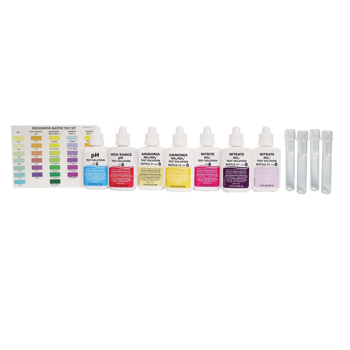 API Freshwater Master Test Kit with test bottles, color chart, and test tubes for accurate aquarium water testing.