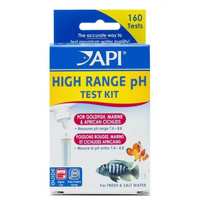 API High Range pH Test Kit for freshwater and saltwater, measures pH 7.4 - 8.8, includes 160 tests and test bottle.