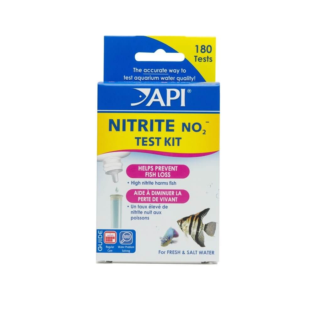 API Nitrite Test Kit packaging for fresh and saltwater, 180 tests, helps prevent fish loss and ensures water quality.