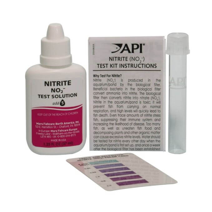 API Nitrite Test Kit for Fresh and Saltwater with solution, test tube, and instruction card for accurate nitrite level measurement.