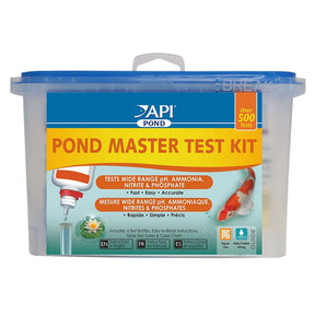 API Pond Master Test Kit for accurate water testing of pH, ammonia, nitrite, and phosphate, includes 6 reagents and instructions.