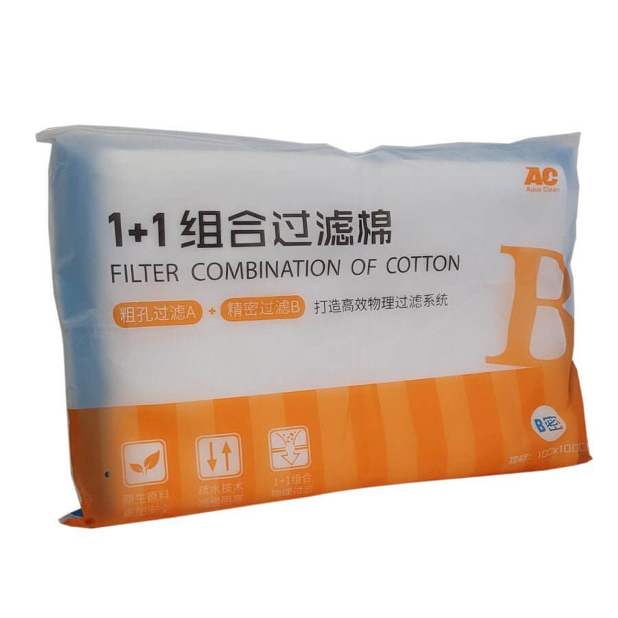 Aqua Clean Filter Cotton B Media packaging showcasing dual filtration for clean aquarium water, 1m x 1m size.