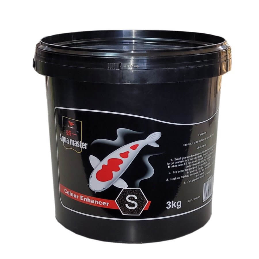 Aqua Master Koi Food Color Enhancer bucket, 3kg size, designed to enhance the vibrant colors of Koi fish.