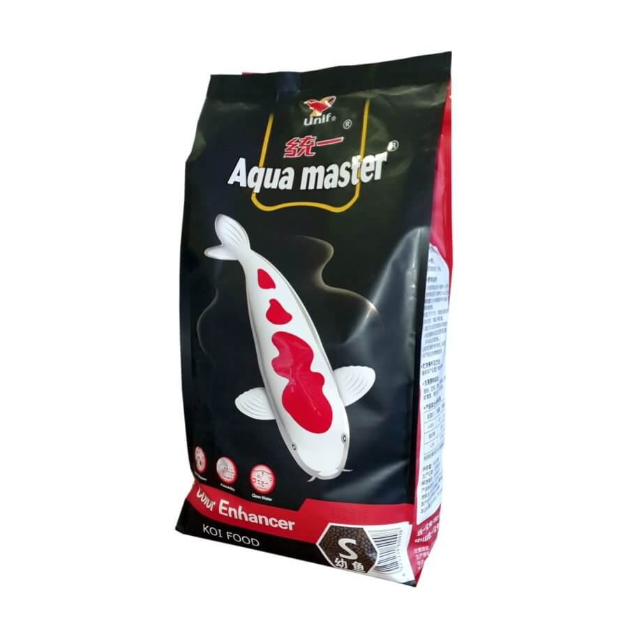 Aqua Master Koi Food Color Enhancer package featuring a Koi design, promoting vibrant and rich colors for enhanced fish aesthetics.