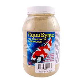 Aqua Zyme All in One Pond Water Conditioner jar, purifies and detoxifies pond water for healthy fish. 1kg packaging.