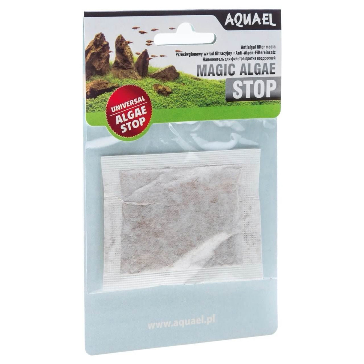 Aquael Magic Algae Stop filter media sachet for preventing green algae growth in aquariums.