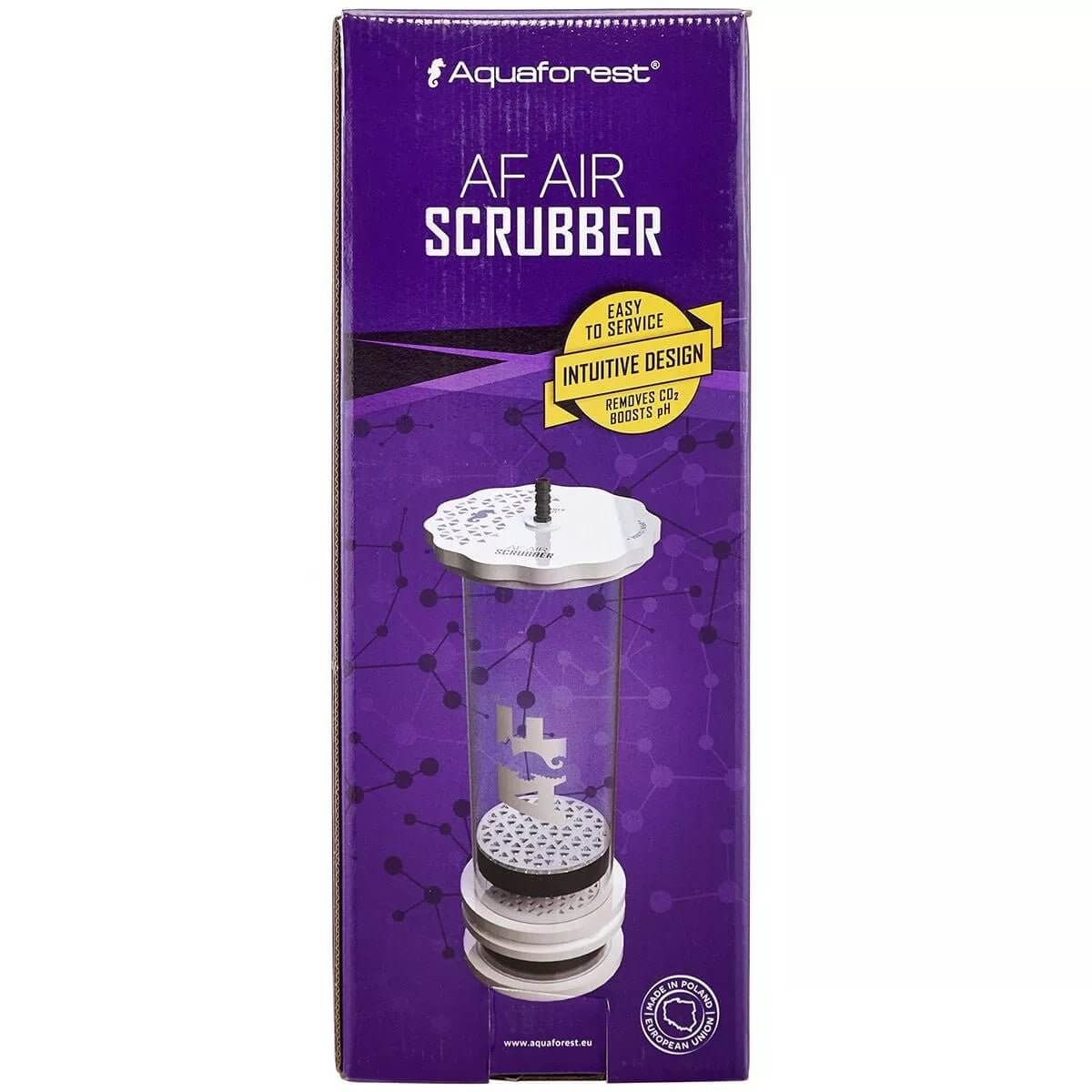 Aquaforest AF Air Scrubber packaging showcasing its intuitive design for reducing CO2 and stabilizing aquarium pH.
