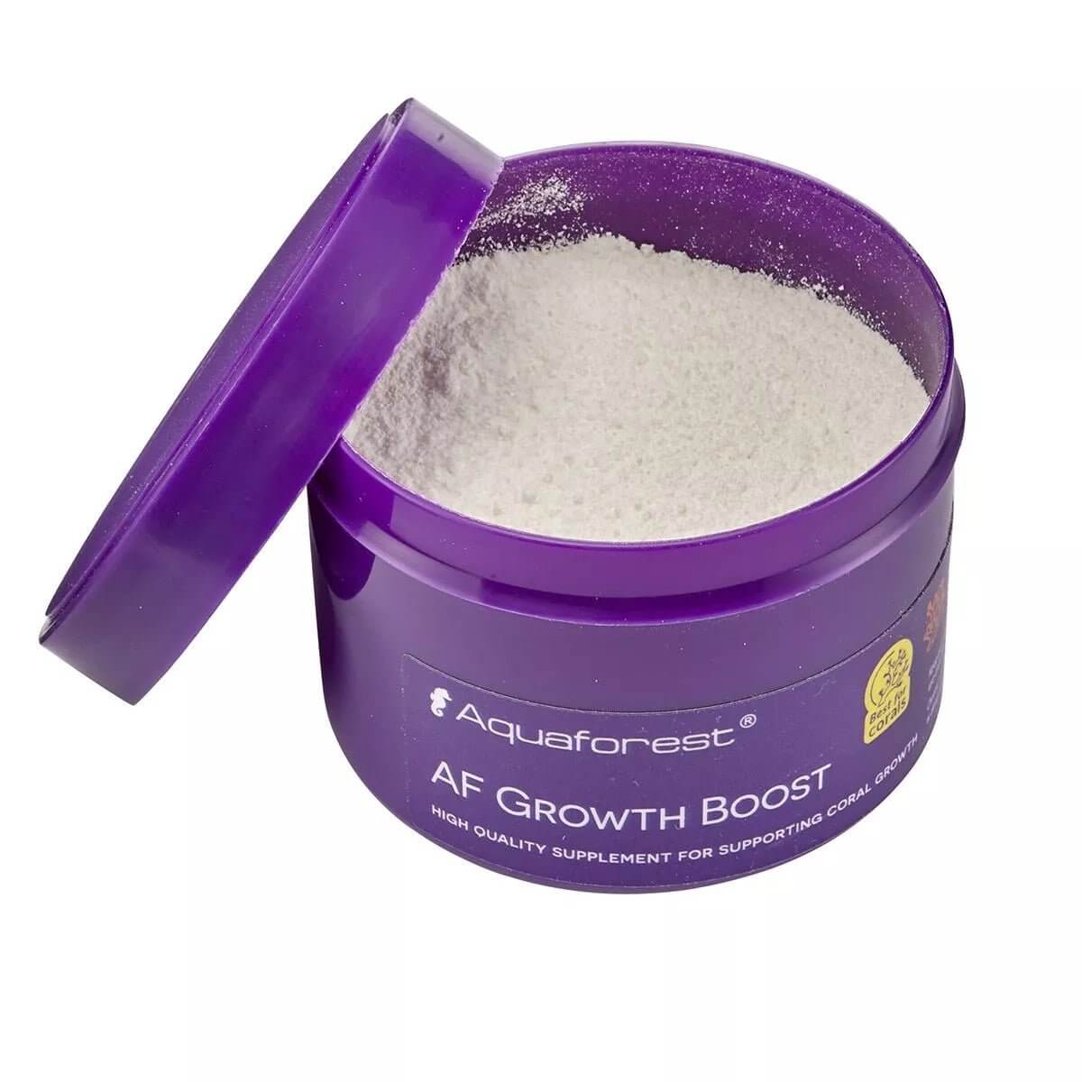 Aquaforest AF Growth Boost 35g powdered amino acids supplement for coral growth in a purple container.