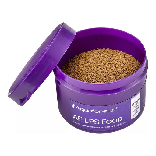 Aquaforest AF LPS Food 30g container opened, showing granular food for LPS corals rich in protein and fatty acids.