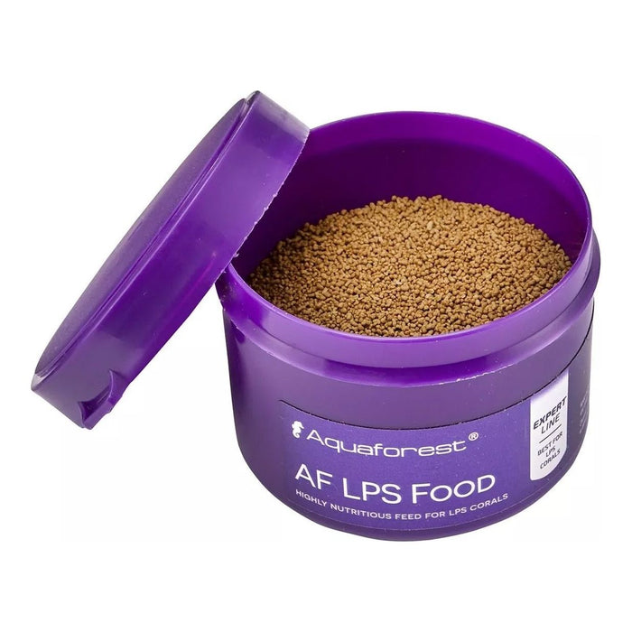 Aquaforest AF LPS Food 30g container opened, showing granular food for LPS corals rich in protein and fatty acids.