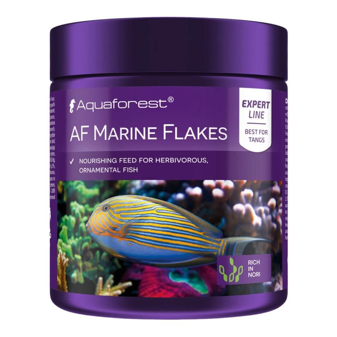 Aquaforest AF Marine Flakes 25g container, ideal fish food with nori algae for herbivorous and ornamental fish.