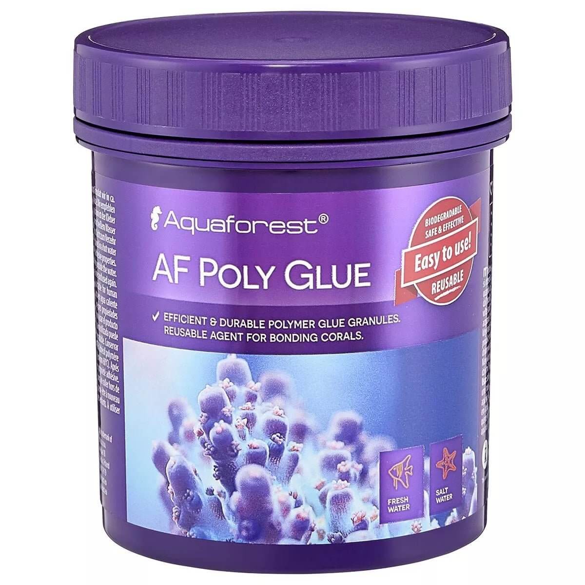 Aquaforest AF Poly Glue 250ml container featuring easy-to-use, reusable polymer glue for bonding corals and aquascaping.