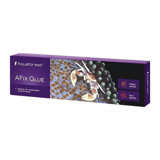 Aquaforest AFix Glue packaging for freshwater and saltwater aquariums, two-component plastic adhesive for corals and rocks.
