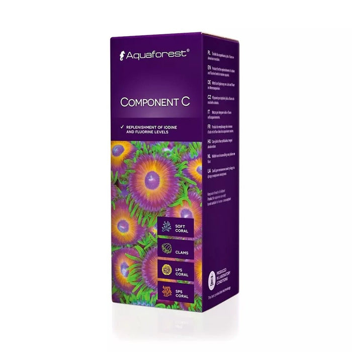 Aquaforest Component C packaging, enriching iodine and fluorine levels for coral growth and vitality in aquariums.