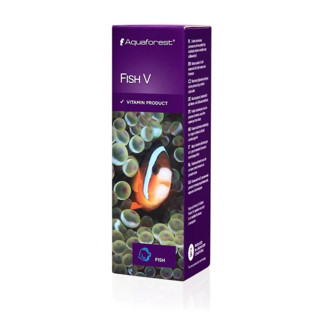 Aquaforest Fish V multivitamin box for marine and freshwater ornamental fish with nutrition facts and vibrant packaging.
