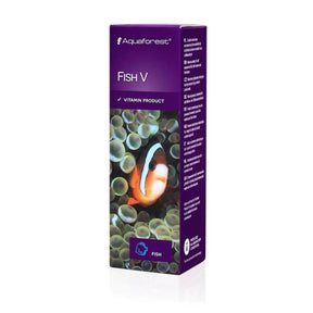 Aquaforest Fish V multivitamin box for marine and freshwater ornamental fish with nutrition facts and vibrant packaging.